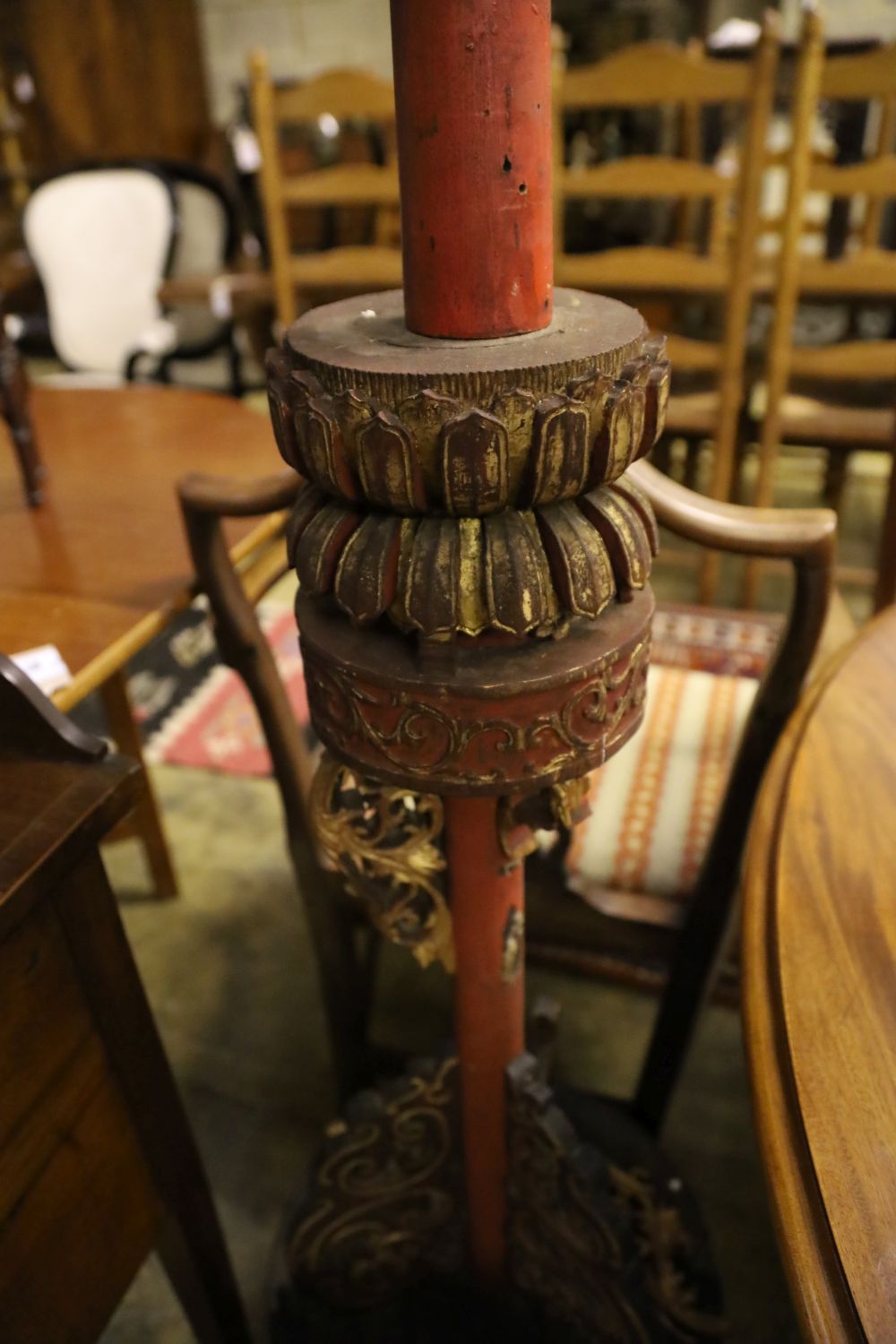 A Chinese carved painted wood floor lamp, height 202cm